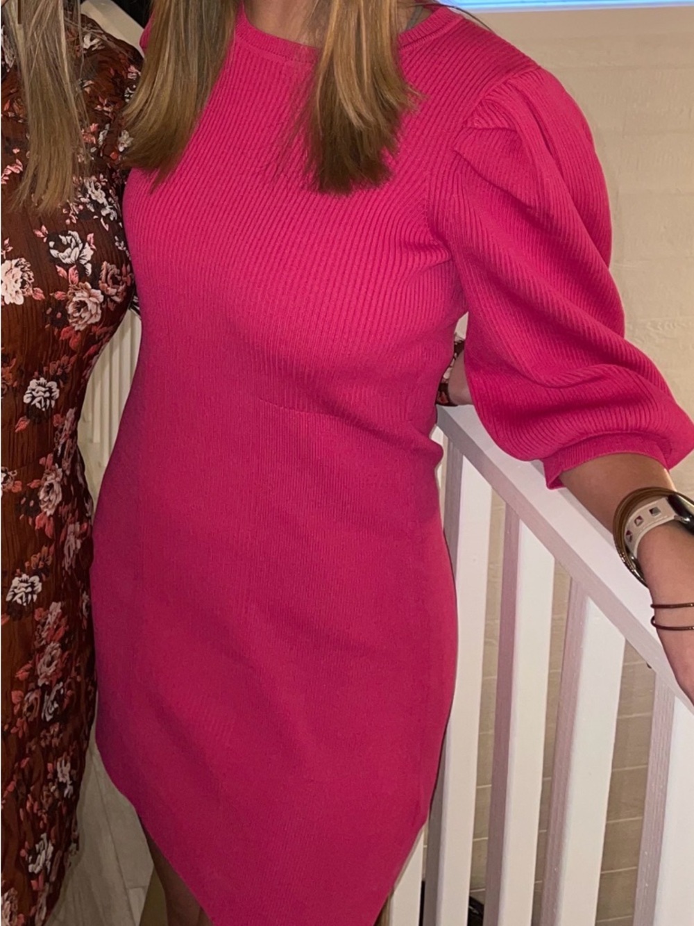 Endless Rose Hot Pink Ribbed Puff Sleeve Mini Dress